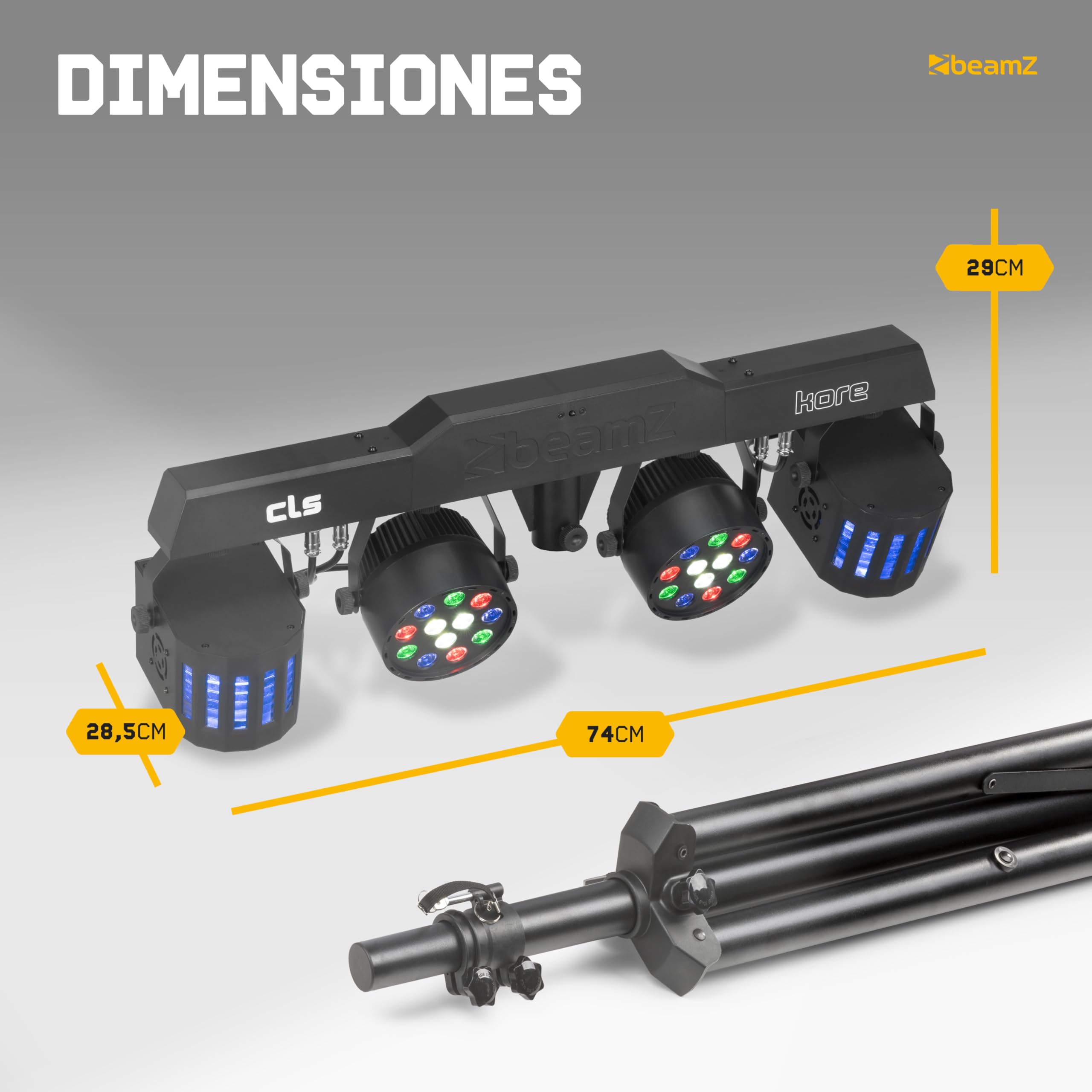 BeamZ CLS Kore Party Bar con 2 par led rgbw y 2 derby, barra led dj con tripode regulable, dmx 512, mando a distancia, luces discoteca para casa, luces dj y luces escenario