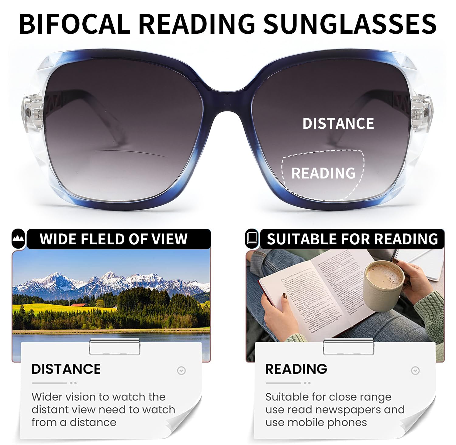 JM Bifocal Reading Sunglasses, Oversized Sun Reader Glasses for Women UV Protection Outdoor Clear Blue +2.25 - Image 3
