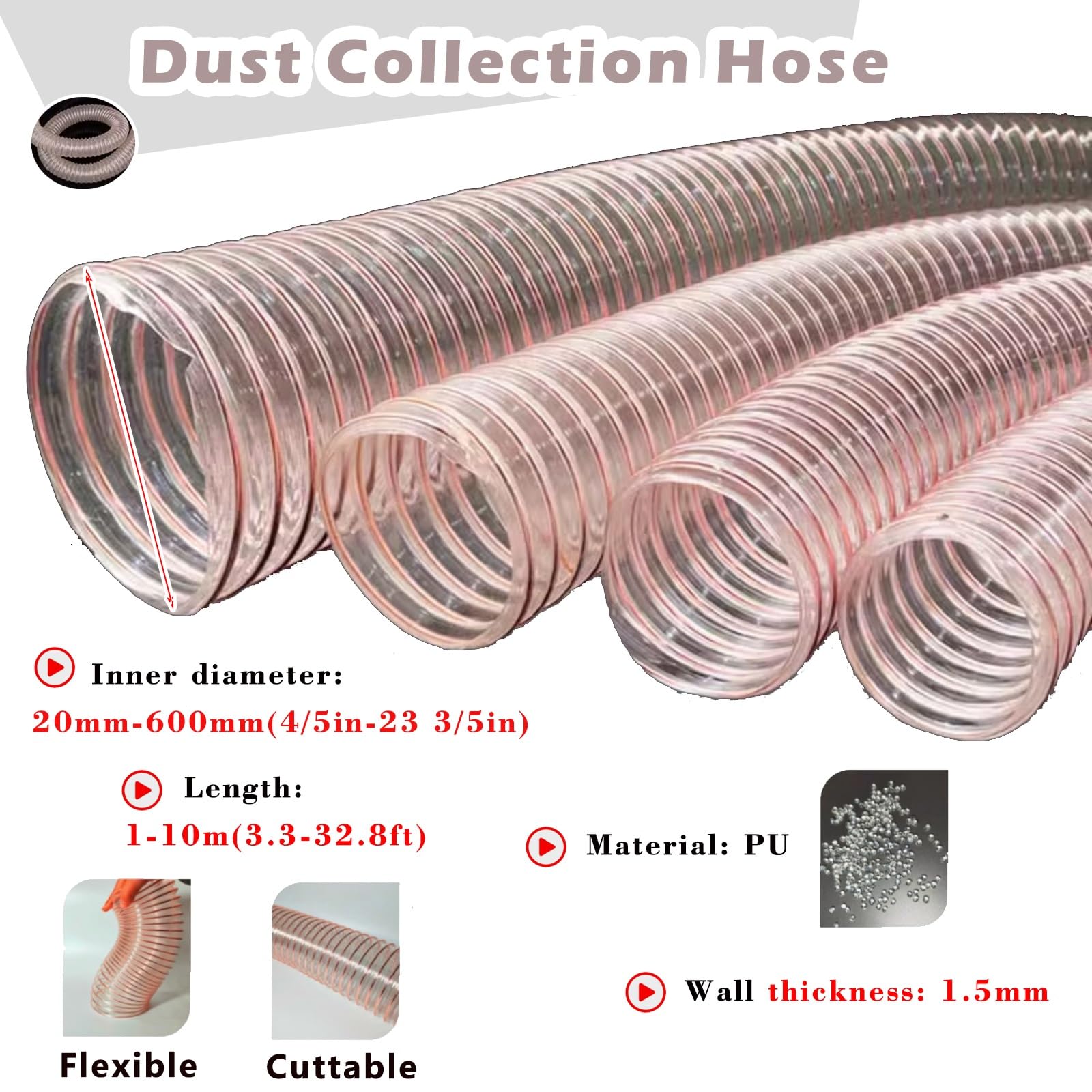 Tubo Flexible Tubo Secadora Manguera De Recolección De Polvo Transparente, Manguera Extractora De Humos De HVAC Con 2 Abrazaderas, Extensión De Manguera De Vacío De 10 5 3 M Para Ventilación De Secado
