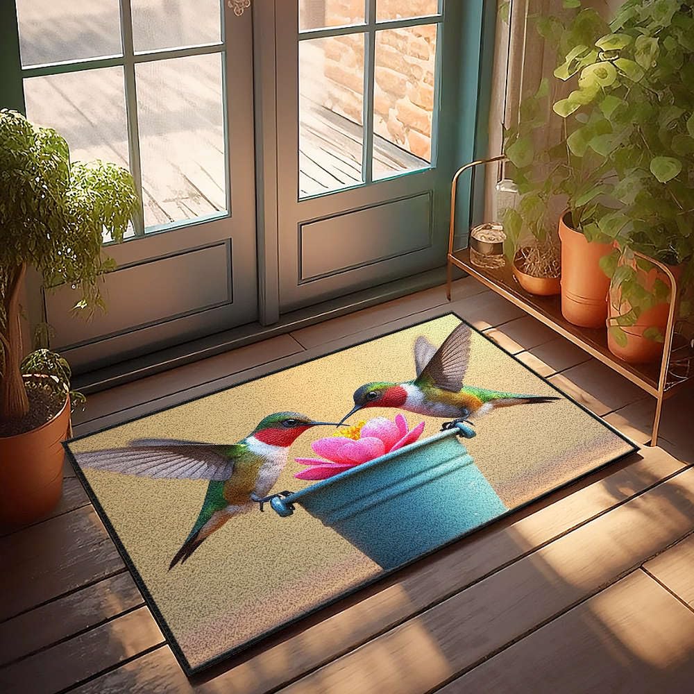 Paillasson deux colibris et fleur rose tapis d'extérieur 65x90 cm