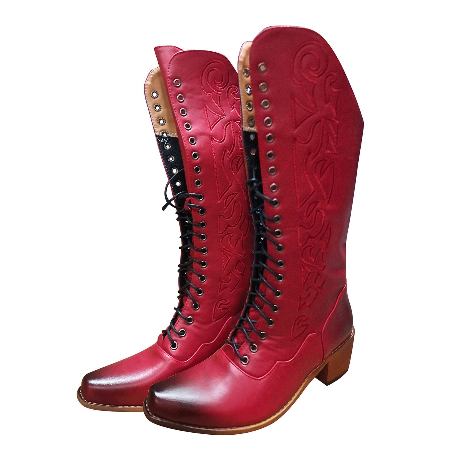 Generico Stivali Donna Mid-Calf in Pelle Artificiale con Lacci Tacco e Suola Spessa per Autunno