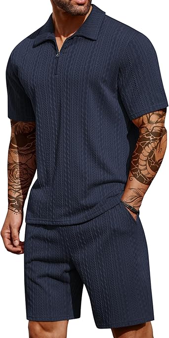 COOFANDY Mens 2 Pieces Outfits Casual Quarter Zip Polo Shirt and Shorts Set Athletic Jogging Summer Tracksuit