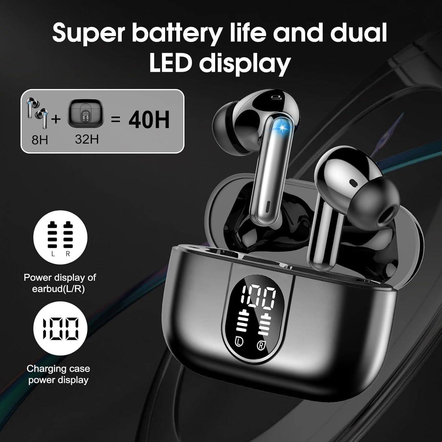 Nuovo Cuffie Bluetooth 5.4, Auricolari Bluetooth Stereo HiFi Con 4 ENC Microfoni Anti-Rumore, Durata 50 Ore Cuffiette In Ear, Impermeabili IP7 Cuffie Senza Fili, Cuffiette Touch Control, LED-Display