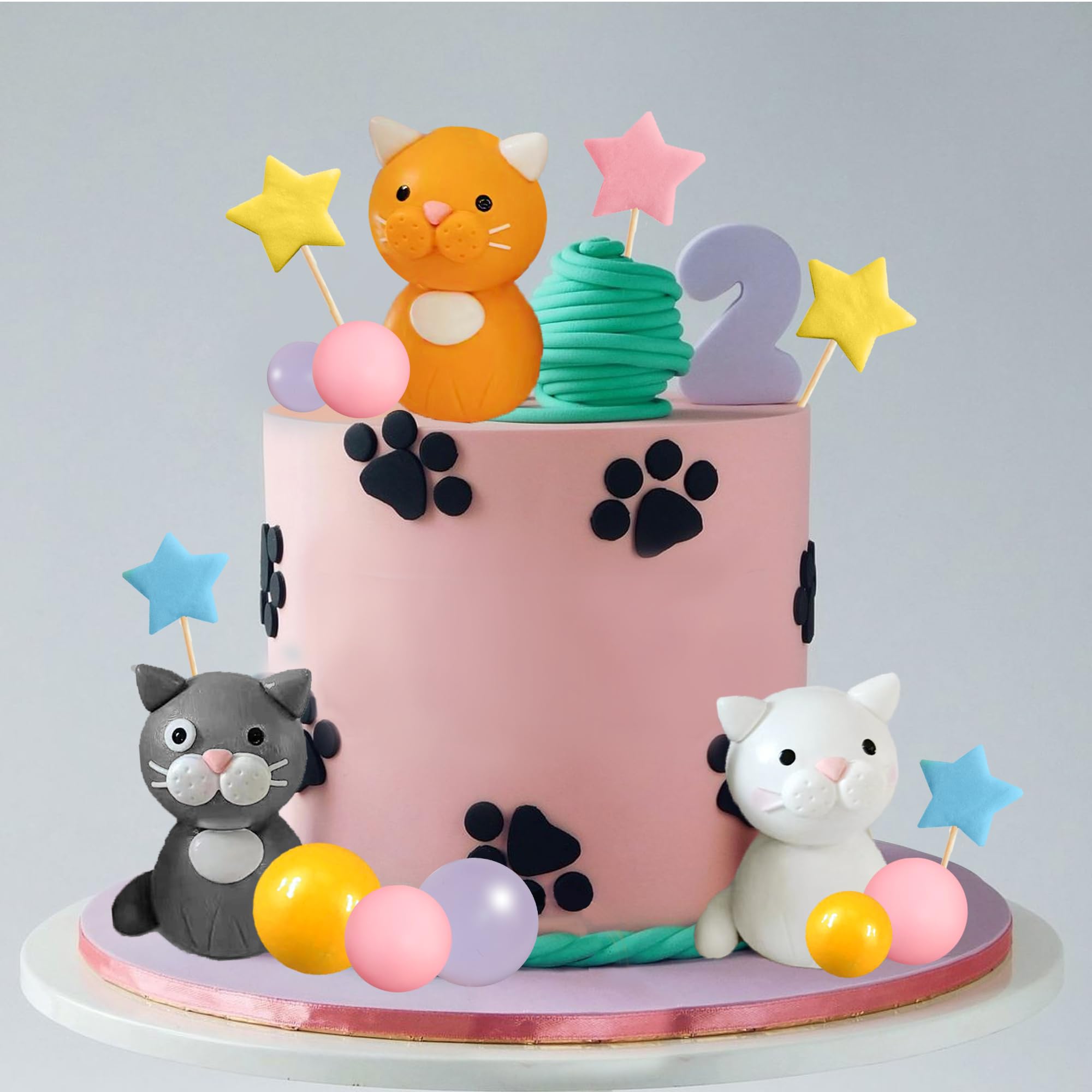 Lot de 7 décorations de gâteau d'anniversaire colorées à paillettes sur le thème du chat - Décoration d'anniversaire - Motif tête de chat