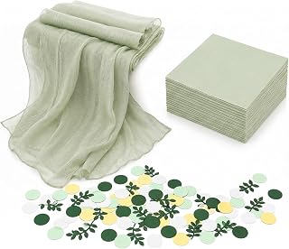 Hochzeitsdeko Tischläufer Eukalyptus Grün 90x300 cm mit 40 Servietten & 100 Eukalyptus Konfetti, Musselin Tischläufer Modern Boho Deko, Tischdeko für Hochzeit, Taufe, Babyparty und Geburtstag