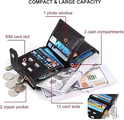 Miniatura 4 de boshiho Cartera para hombre con cadena RFID bloqueo de cuero genuino doble cremallera plegable cartera con bolsillo para monedas y 2 cadenas