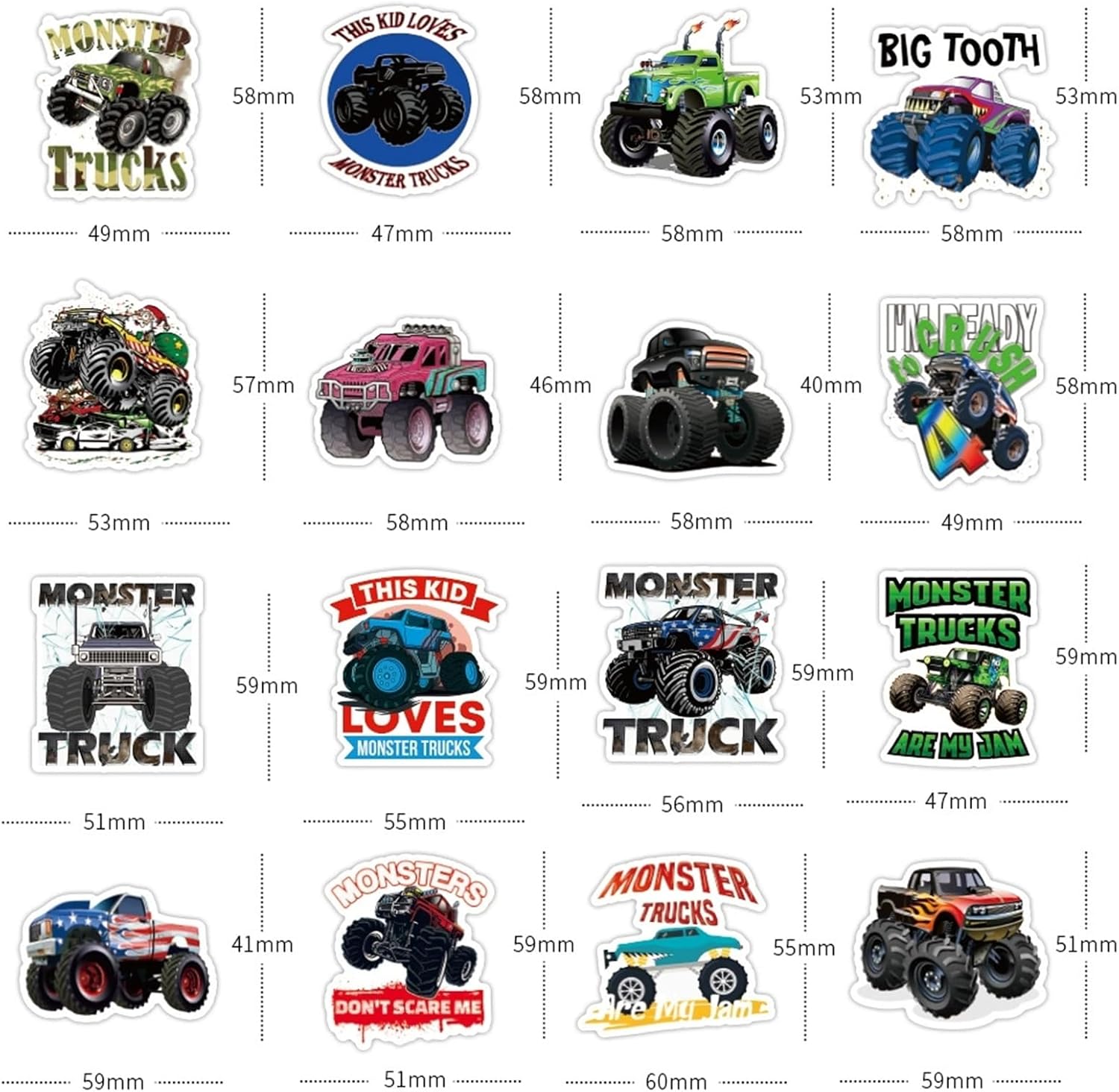50 PCS Monster Truck Stickers, Waterproof Truck Car Stickers for Kids, Decorative for Water Bottles, Skateboard, Car, Bike, Phone Case, Laptop, Monster Truck Gifts for Girls Boys Party Gifts