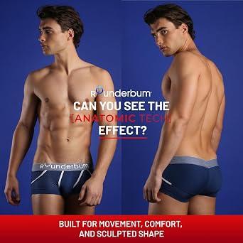 Rounderbum Mens Anatomic Tech Boxer Brief Anatomically Contoured Pouch, Cotton Stretch, Longer Leg Fit