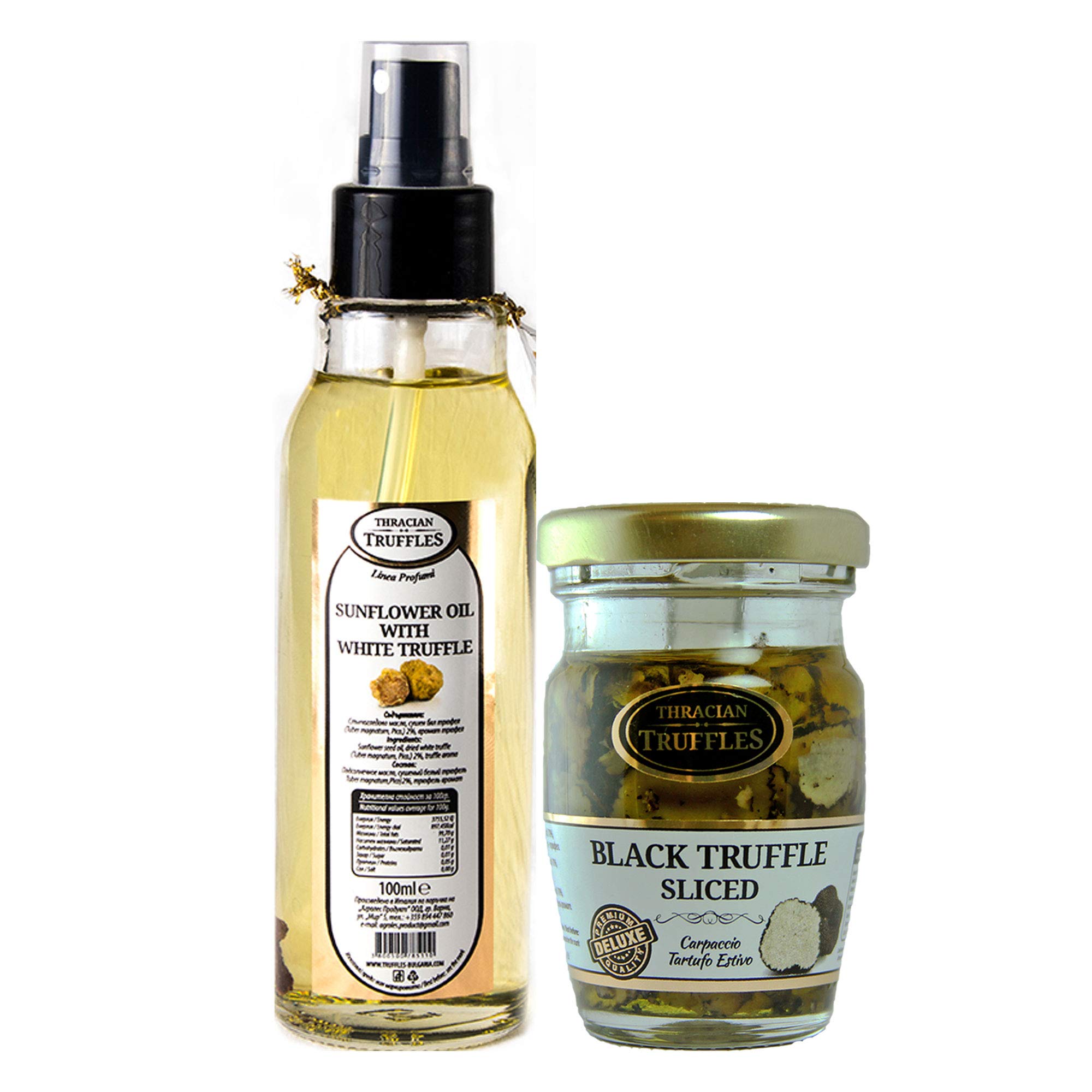 Huile de tournesol avec Truffe Blanche White Truffle Sunflower oil Qualité SPRAY 100ml et Carpaccio de truffe noire Black truffle Tartufo Gourmet 70% 60g GIFT Set Luxury Food