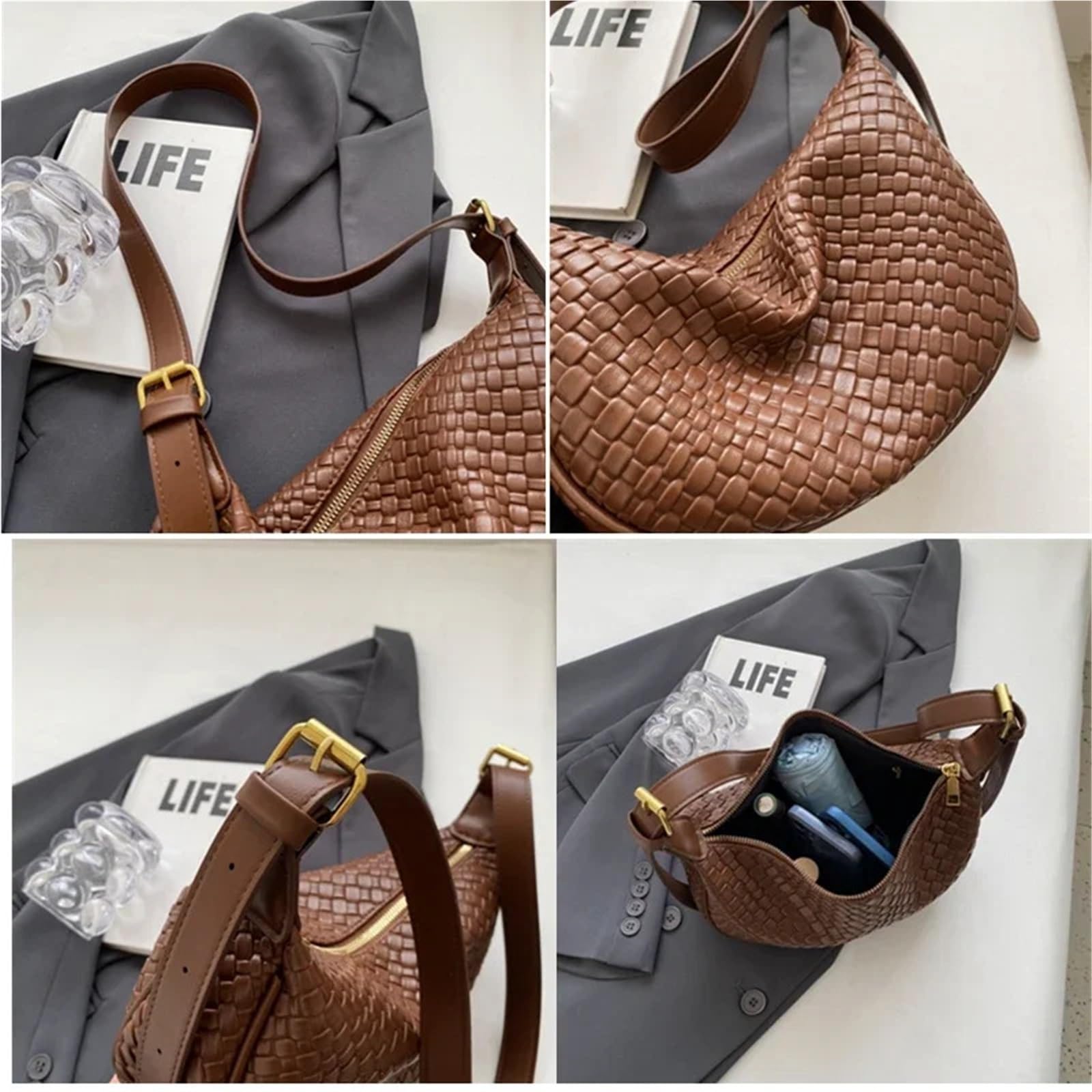 Bolso de Mano de Gran Capacidad for Mujer, Bandolera de Hombro Elegante de Cuero Suave, Bolso Cruzado for Mujer, Bolso de Mano de Grano Tejido Adecuado para Viajar, Fiesta, Trabajo(White)