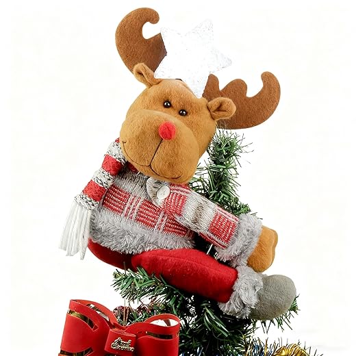 Christmas Plush Reindeer Tree Topper with Glowing White Star - Multifunctional Xmas Treetop Ornament, Home Curtain Tie & Hugger Wine Bottle Party Decoration