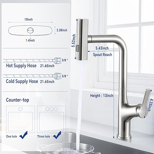 Miniatura 3 de Grifo de cocina en cascada con rociador extraíble, grifo de fregadero de cocina con pulverizador, 3 modos de níquel cepillado, grifos de cocina
