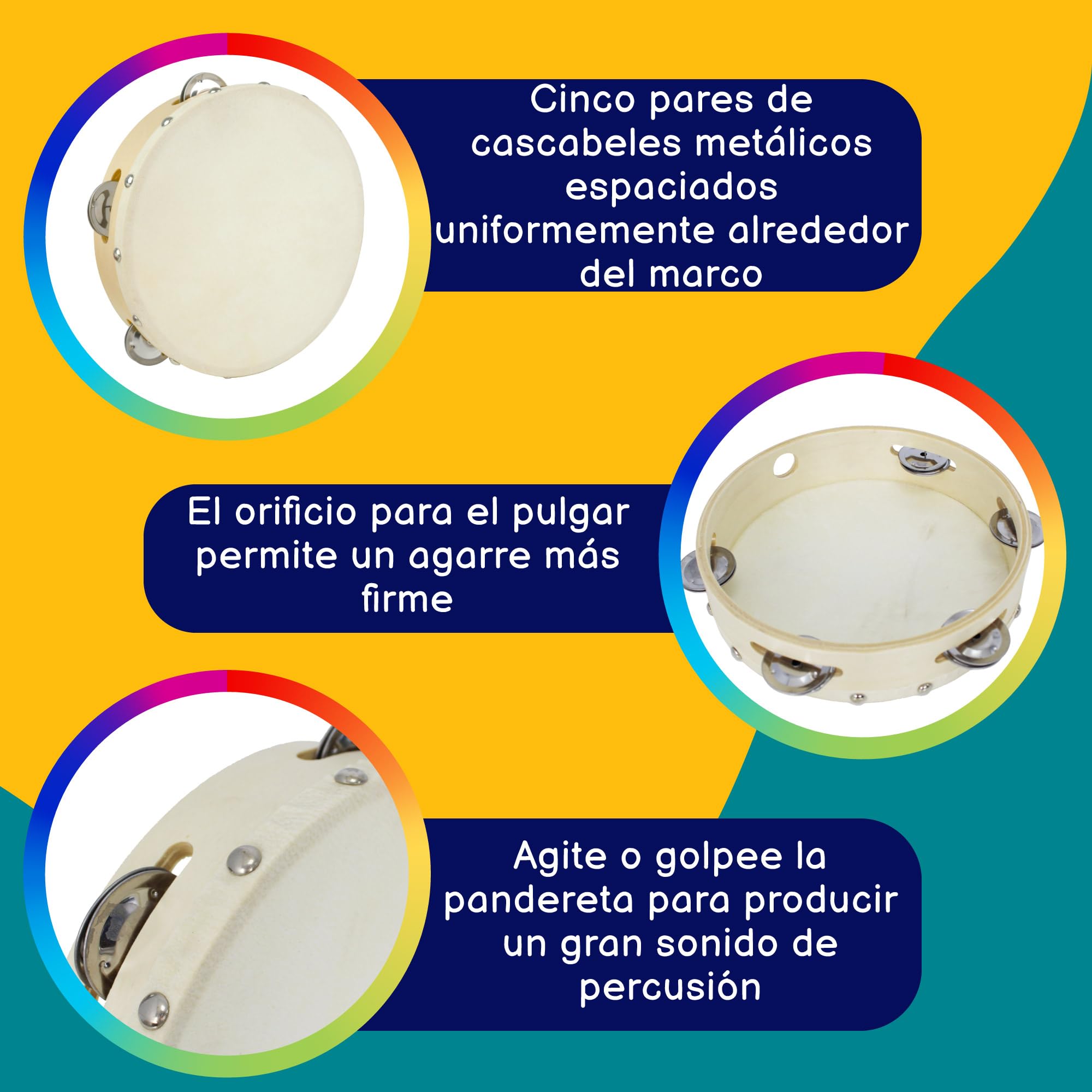 A-Star Pandereta de madera con cabeza de mano de 8 pulgadas/20 cm, hilera de cascabel tradicional de un solo metal - Cabeza natural - Paquete de 10