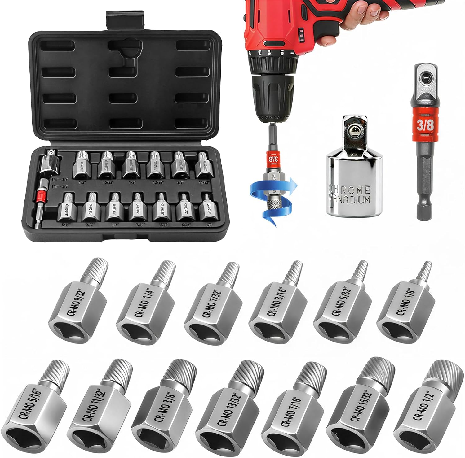 Greywolf 26 pcs Screw Extractor Set with 3/8 Inch Drive, Hex Head Multi-Spline Screw Easy Extraction Bolt Extractor Kit, Broken Bolt Extractor for Removing Broken, Rusted Bolts and Screws
