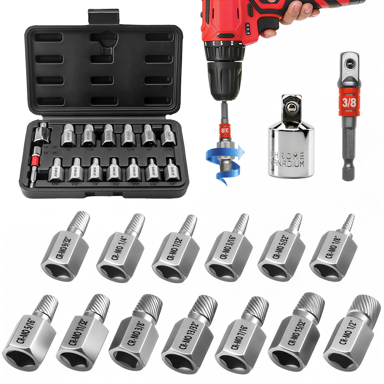 Greywolf 15 Pcs Screw Extractor Set With 3/8 Inch Drive, Hex Head Multi-Spline Screw Easy Extraction Bolt Extractor Kit, Broken Bolt Extractor For Removing Broken, Rusted Bolts And Screws