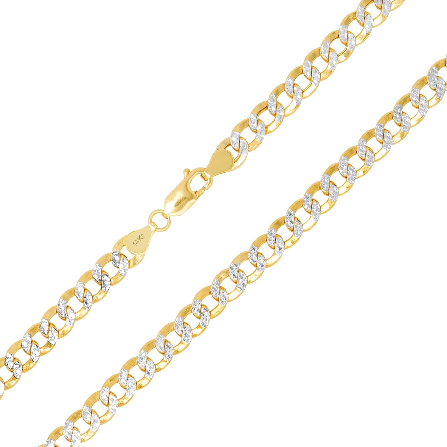 Nuragold 14k Real Yellow Gold Cuban Curb Link 6.5mm Diamond Cut Pave Chain Necklace (18"-26") Two Tone Italian Jewelry for Men