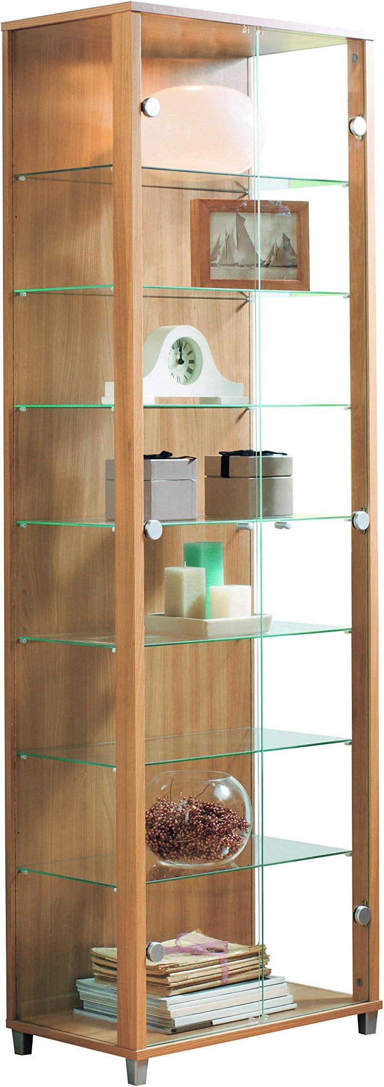 HOME Double Glass Display Cabinet Oak Effect with 4 Moveable Glass Shelves & Spotlight