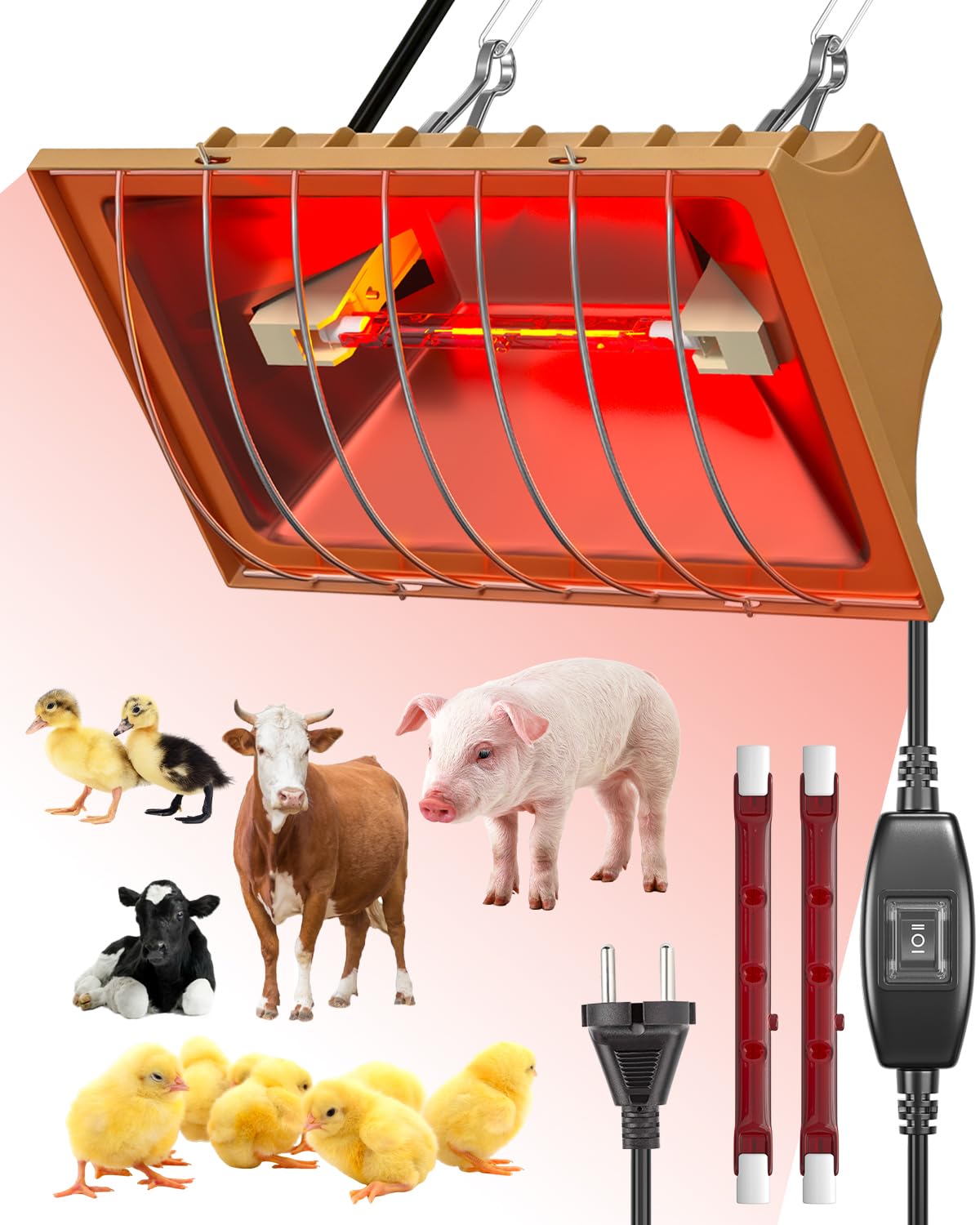 Lampe Chauffante Chiot avec Interrupteur Haut/Bas (max. 275W), Comprenant 2 Lampes R7s, une Chaîne de Suspension Réglable et un Câble de 3m pour Poussins, Canetons, Chiots et Animaux de Ferme