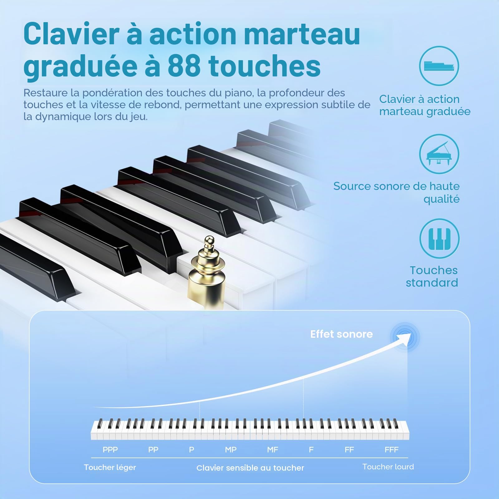 TERENCE Piano Numérique 88 Touches Clavier Graded-Hammer 50W Haut-parleurs HiFi Doubles Enregistrement Vidéo Mobile Bluetooth MIDI Prise en Charge des Casques et des Haut-parleurs