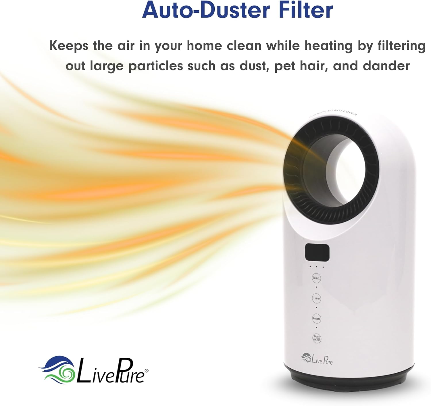 LivePure LP2200 Turbine Vortex Auto-Duster Ceramic Heater – 1500W, Remote Control, 12-Hour Timer Digital Thermostat, 60° Oscillation, Indoor Space Heater for Home, Bedroom & Office, Pearl White