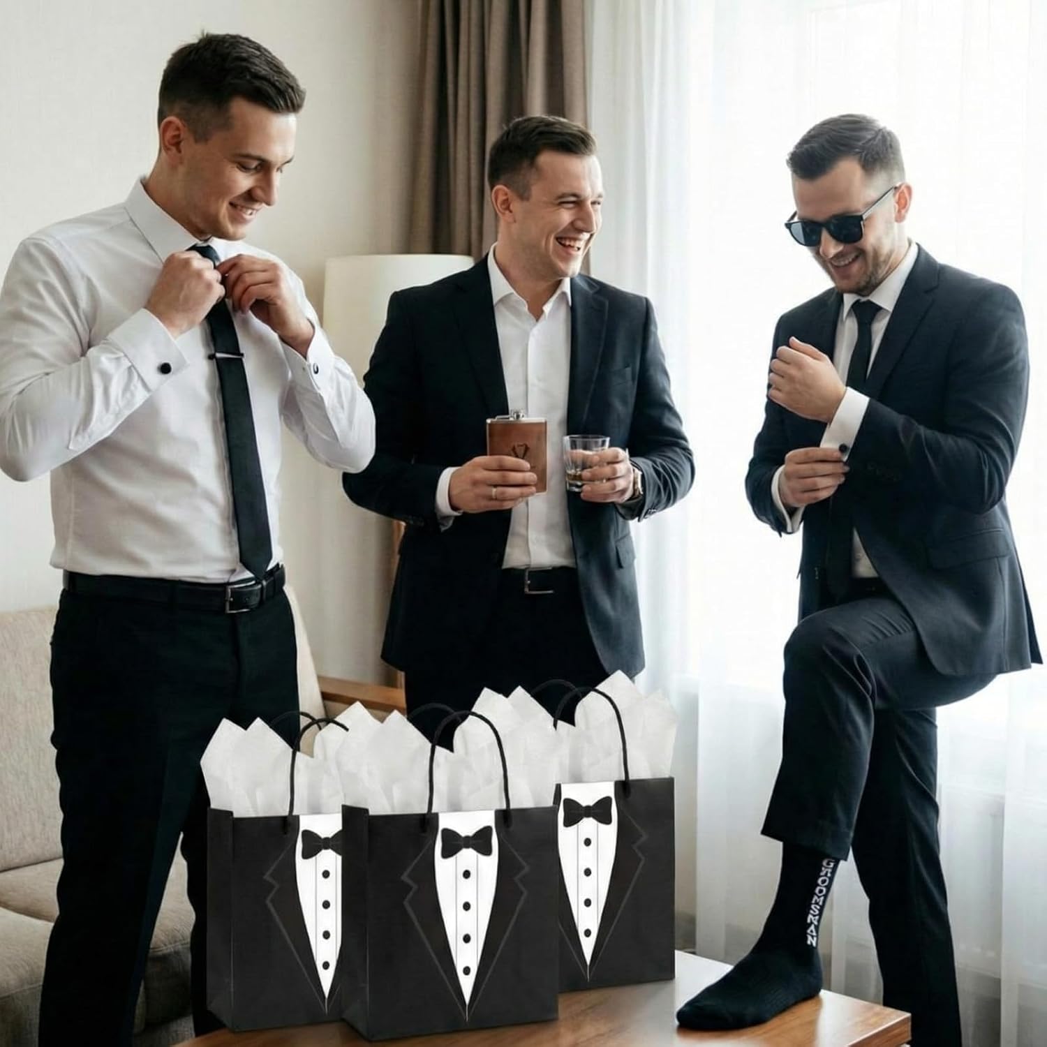 8 Sets/ 80 Pcs Groomsmen Gifts Set Groomsmen Proposal Box Gifts with Flasks Shot Glasses Socks Cuff Collar Clip Sunglasses Bottle Opener for Wedding Grooms Men Best Man Bachelor Party Favors
