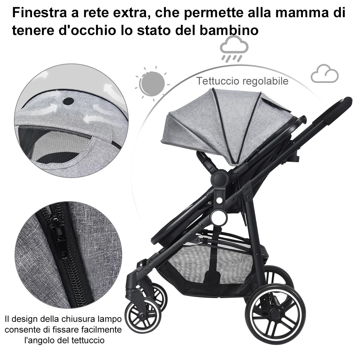 RELAX4LIFE Passeggino Pieghevole Convertibile con Seduta Reversibile, Capottina Regolabile, Cintura 5 Punti (Grigio)