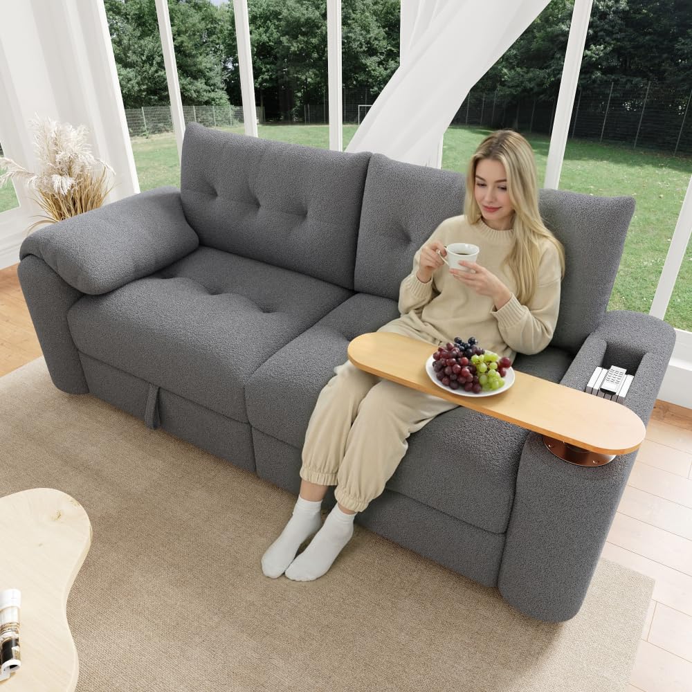 Sofá de matrimonio con compartimento de almacenamiento, sofá de peluche Teddy de 2 plazas con reposacabezas y mesa integrada, sofá cama doble, sofás de 2 plazas, sofá modular acolchado para salón