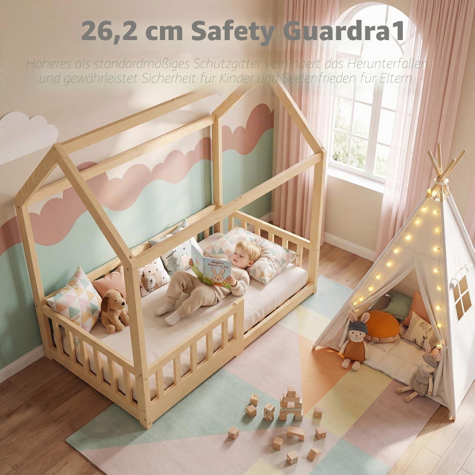 70x140cm Holz Kinder Hausbett mit Rausfallschutz und Lattenrost | Schön Montessori Bodenbett für Kleinkind, Kiefernholz Massiv Kinder Bett geeignet für Mädchen und Jungen