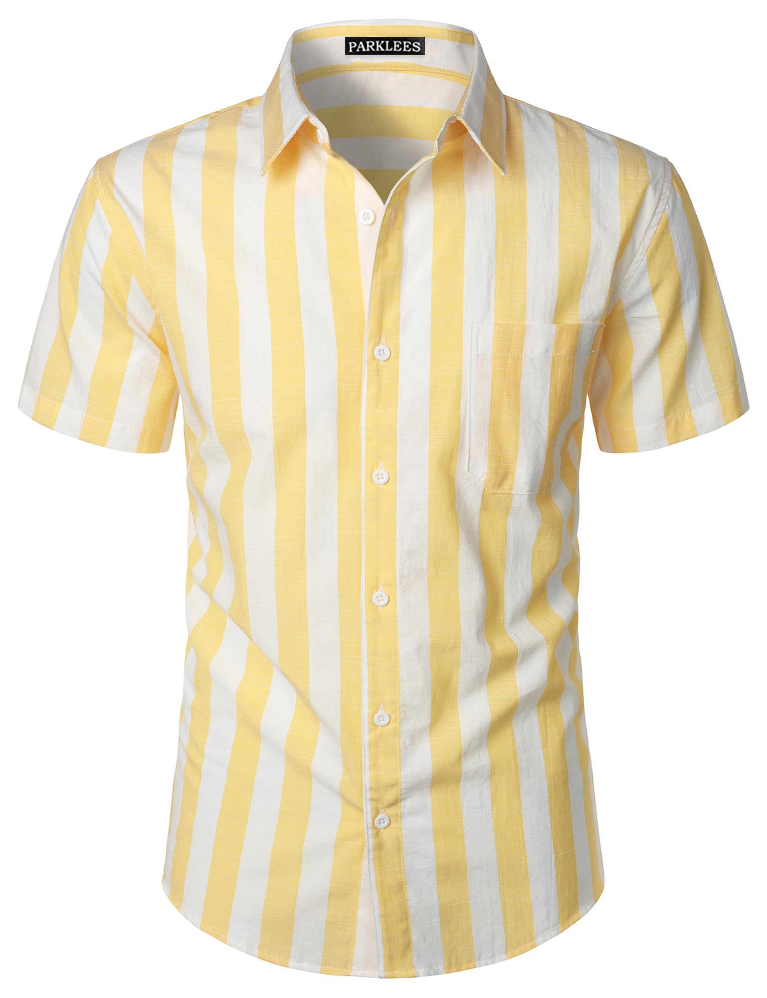 PARKLEES Camisa de verano informal de algodón y lino a rayas para hombre, camisa de manga corta con botones