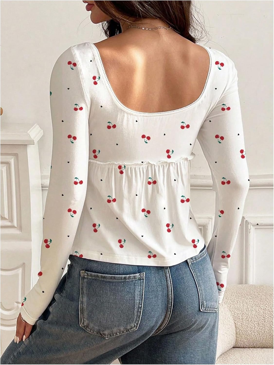 SOLY HUX Women's Babydoll Tops Long Sleeve Henley Shirts Cute Square Neck Coquette Peplum Top - Image 3