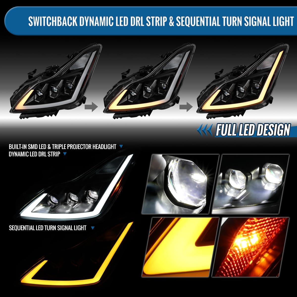 Ronnin - Fits 2008-2013 Infiniti G37 2014-2015 Q60 Coupe Triple Projector LED Headlights Switchback Sequential Signals DRL + Animated Startup Effect Assembly Pair | Black