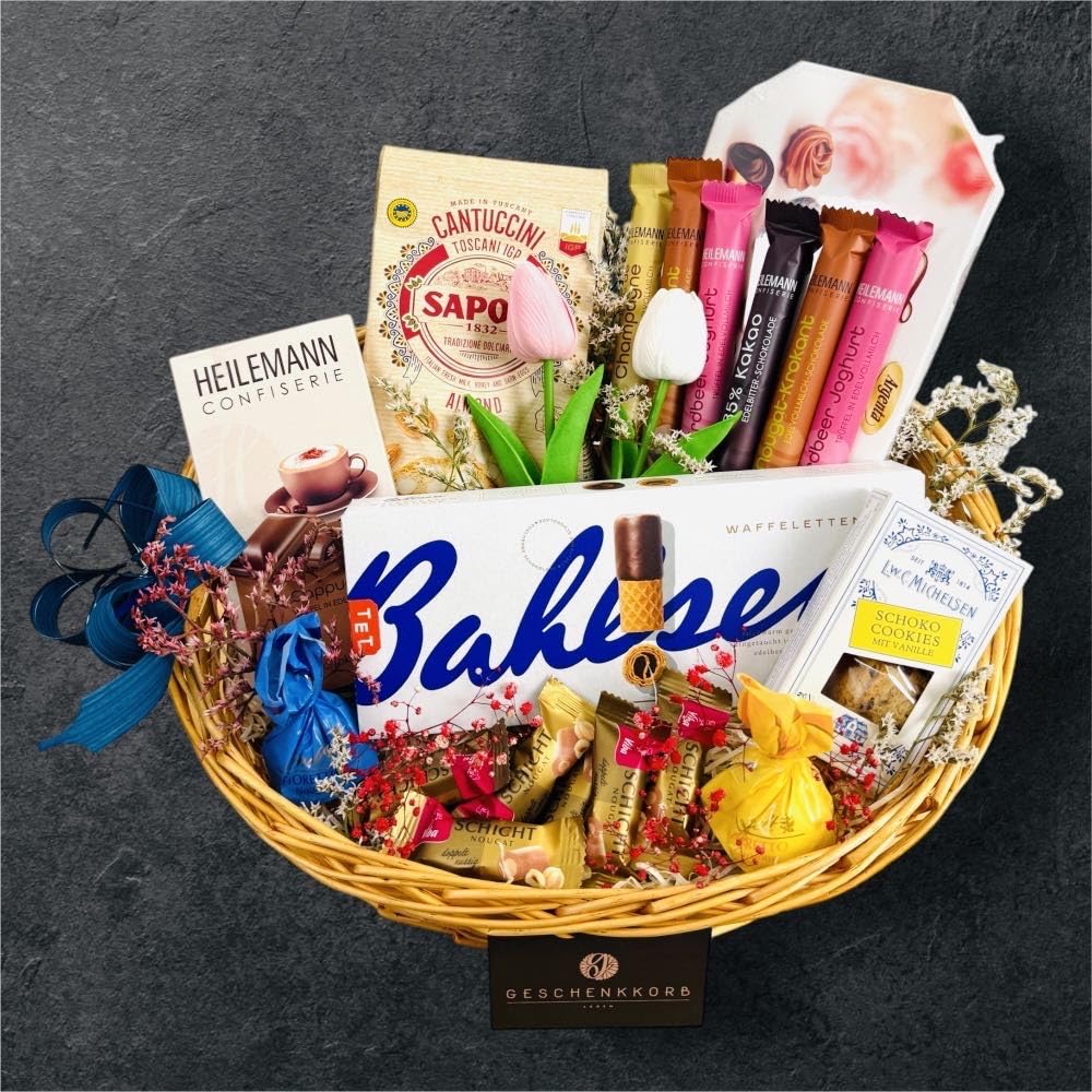 Büro-Naschkorb für 6 Personen | Stilvoll dekorierter Korb mit beliebten Snacks fürs Büro | Perfekt für Team-Meetings und Genussmomente zwischendurch