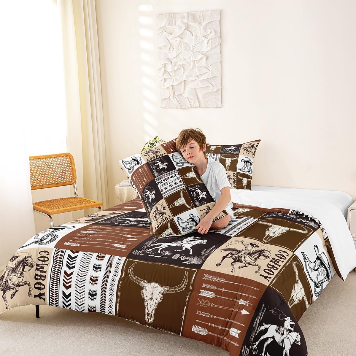 Western Comforter Set Queen Size,Southwestern Aztec Country Horse Bedding Set 2pcs,Cowboy Rustic Ranch Style Down Comforter,Brown Patchwork Farmhouse Bed Set for Kids Boys Teens,1 Pillowcase,No Sheet - Image 4