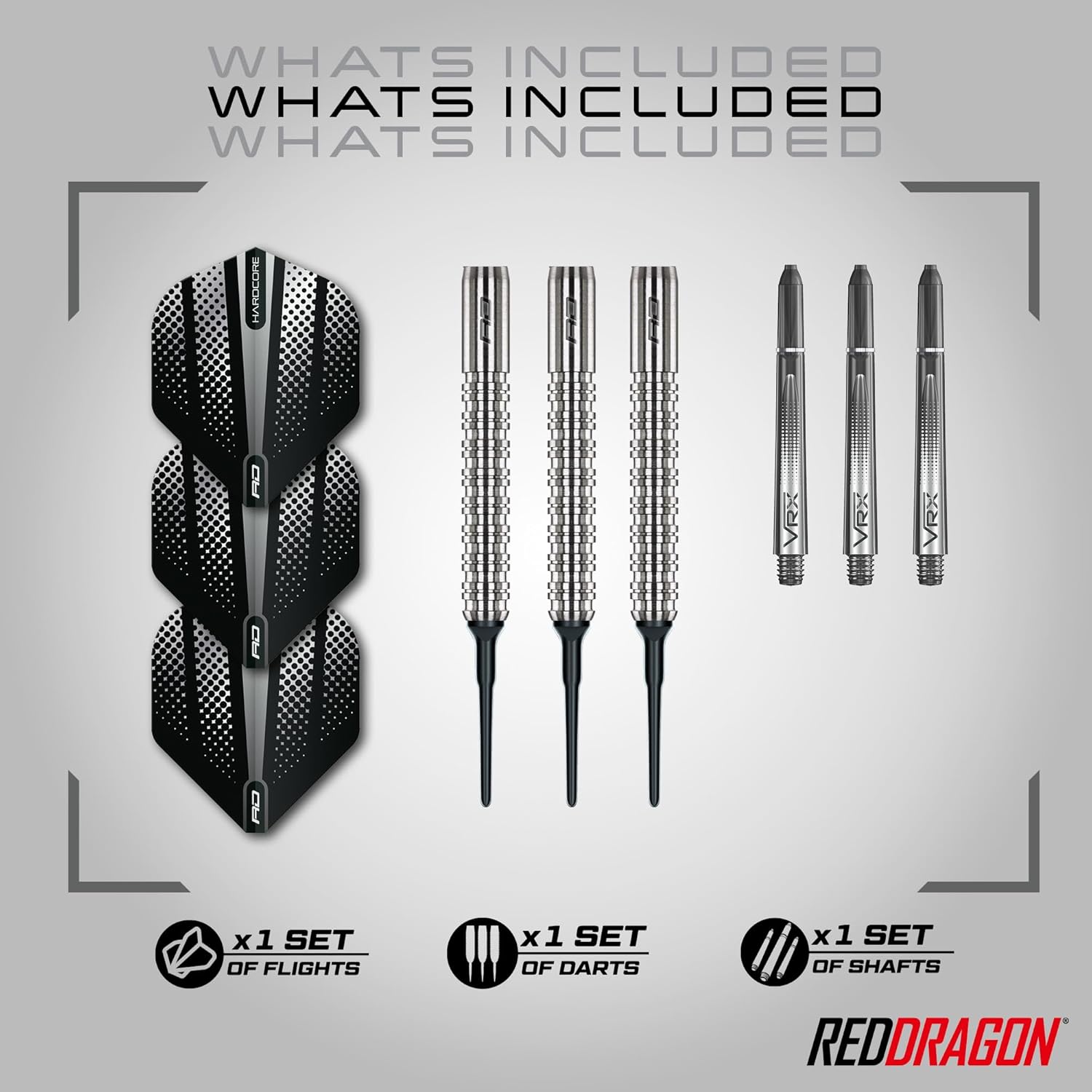 RED DRAGON Rebel 18g Barrel / 20g Full Weight Soft Tip 90% Tungsten Darts Set with Dart Flights and Dart Shafts