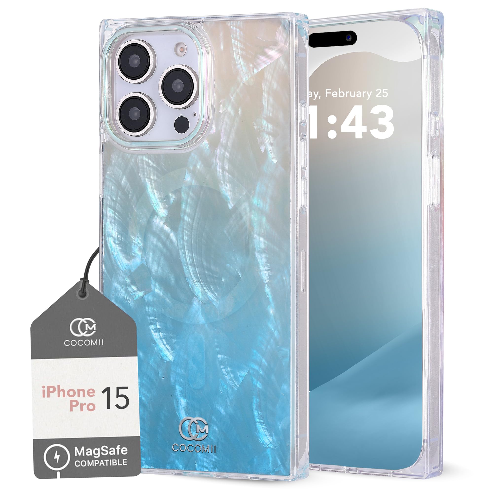 Cocomii - Rectangle Case Compatible with iPhone 15 Pro - Compatible with MagSafe, Real Mother of Pearl, Opalescent Seashell, Glossy, Magnetic Phone