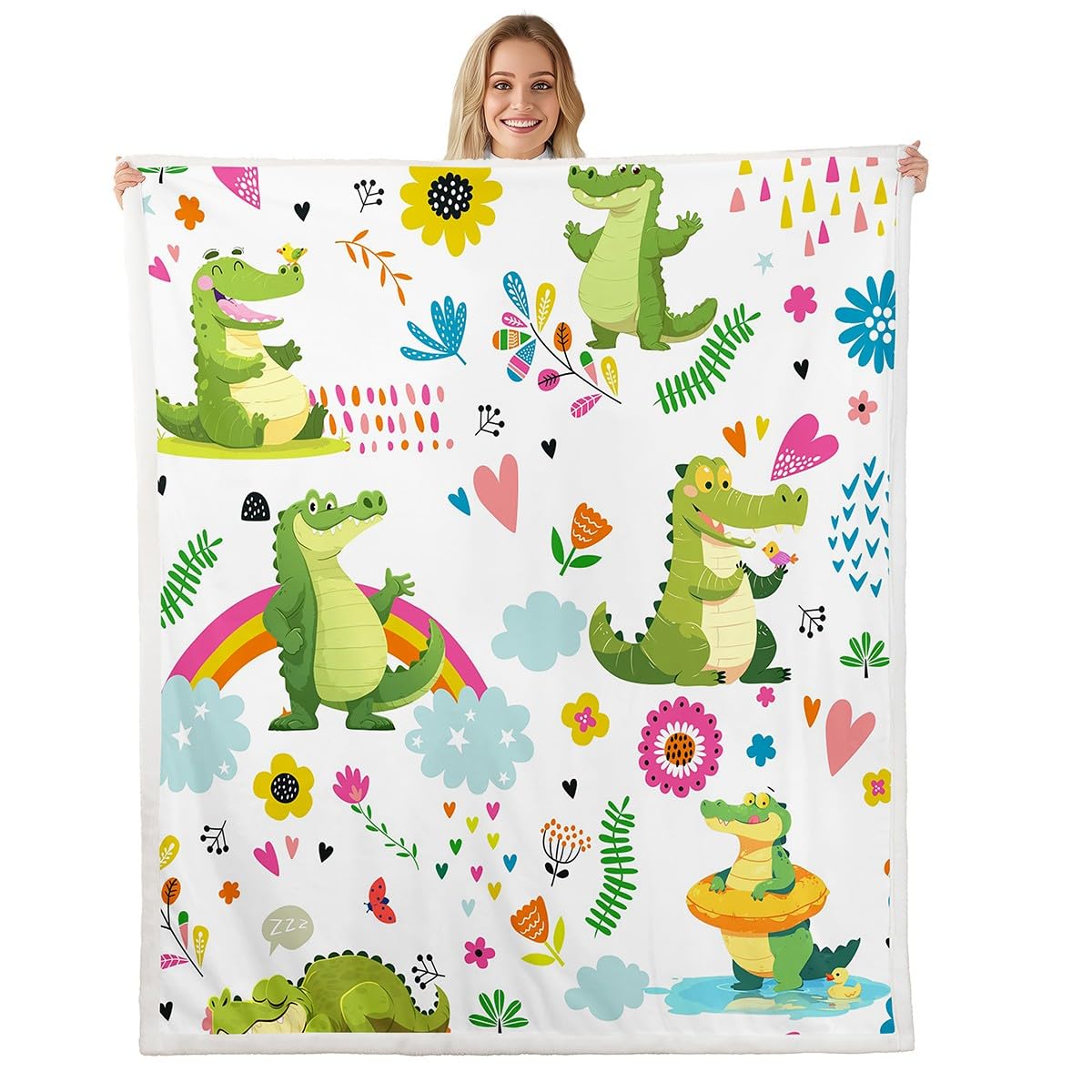 Homewish Kawaii krokodyl narzuta koc podwójny 152 cm x 203 cm uroczy tęczowy krokodyle polarowy koc na łóżko dla dzieci dziewcząt chłopców kreskówka kwiat zwierzę szerpa koc, kwiatowy miłość serca