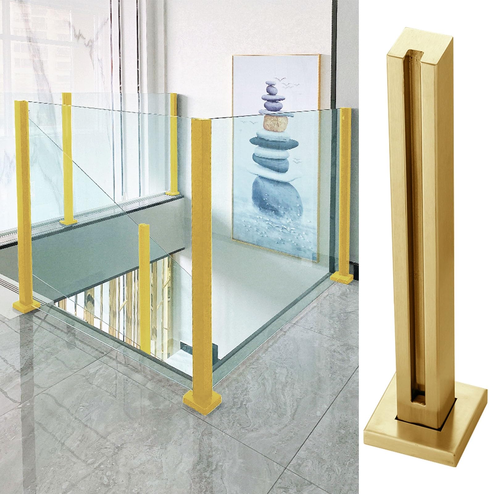 Poteau de balustrade en verre doré pour sécuriser une mezzanine