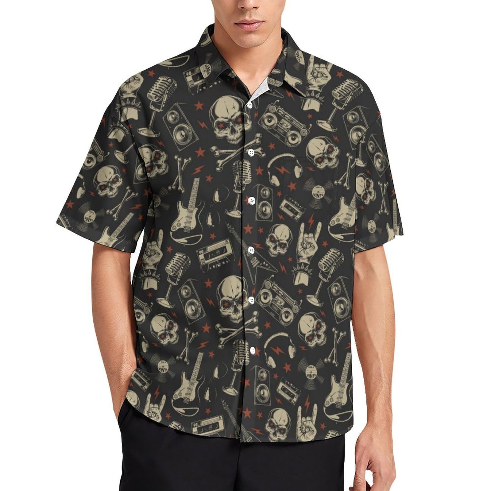 Lurhonp Men's Skull Black Hawaiian Shirt Casual Button Down Short Sleeve Aloha Shirts, 3XL