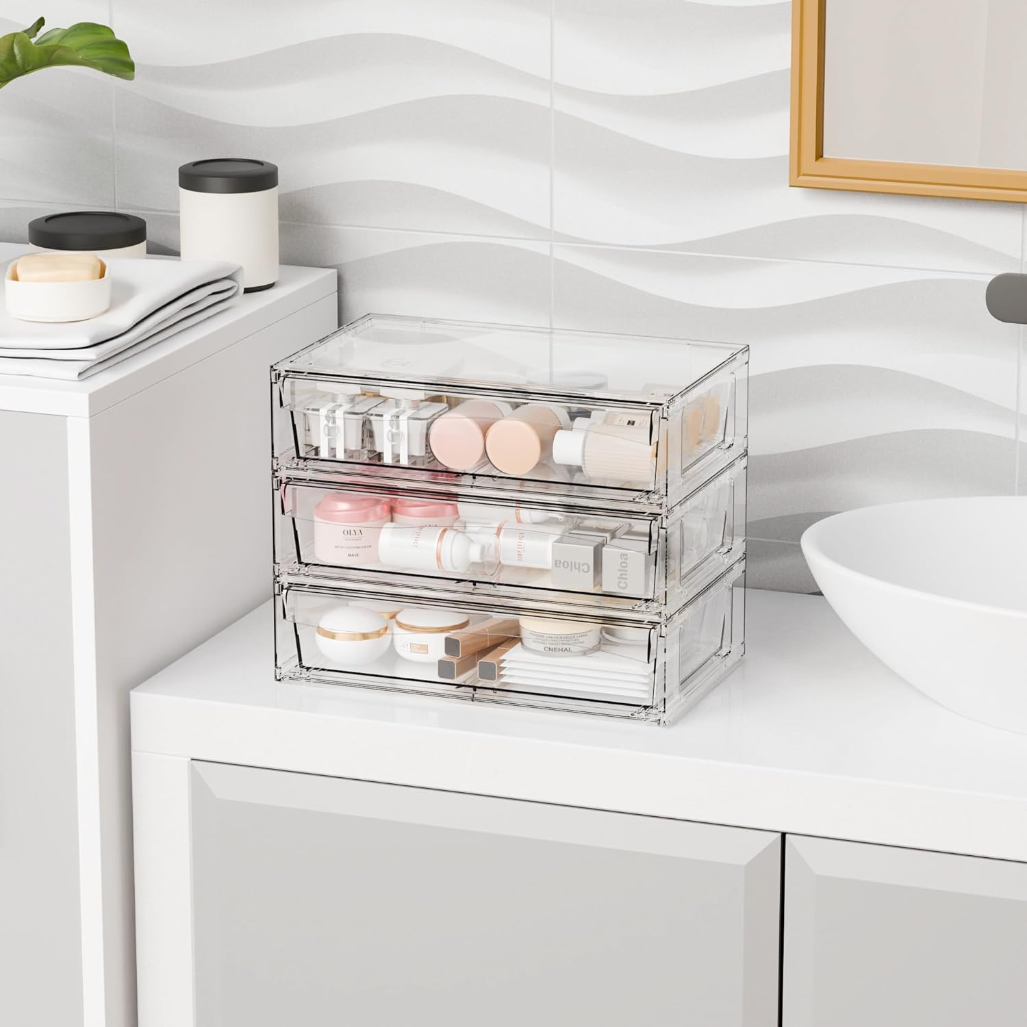 Yieach 12"W Clear Stackable Storage Drawers,3 Pack Pull Out Acrylic Drawers Organizer for Desk,Vanity,Bathroom,Plastic Office Supply Organizers And Storage Bins for Pen,Pencil,Craft,Sunglass,Medicine