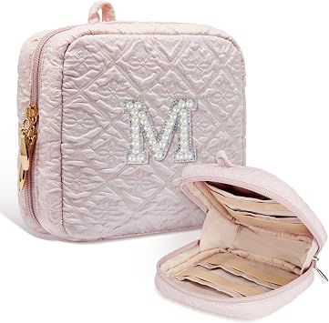 COSHAYSOO Personalized Gifts for Women - Pearl Initial Puffy Makeup Bag with Pink Seersucker Texture - Compact Preppy Cosmetic Pouch for Teens & Young Women, Birthday Gift Initial M