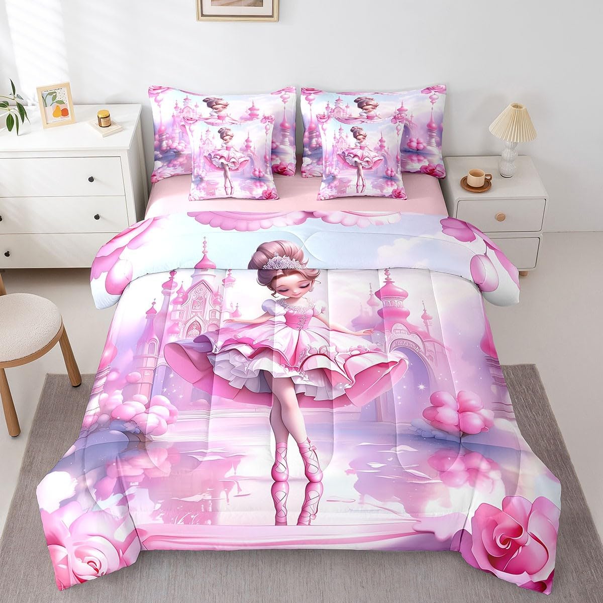 Feelyou Ballet Comforter Set Queen Size 7 Pieces Comforters Ballerina Design Bedding Set Cute Little Dancers Bed Set Bed in a Bag with Comforter, Sheets, Pillowcases & Cushion Covers