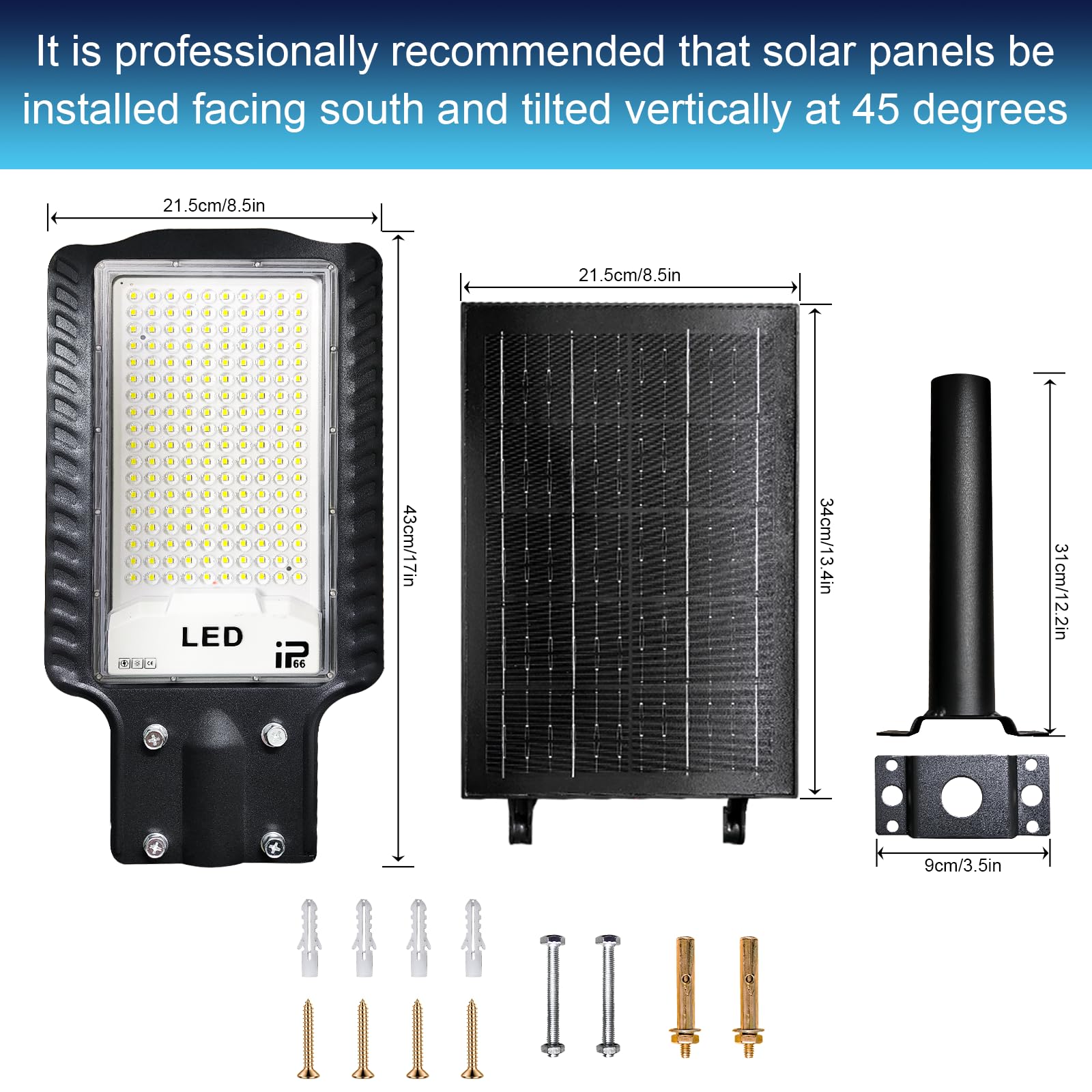Eleganted Lampione Solare LED Esterno, 30000LM Faro Stradale con Pannello Solare, Faretto LED da Esterno Solare, 6500K, IP65 Impermeabile, per Giardino, Terrazzo