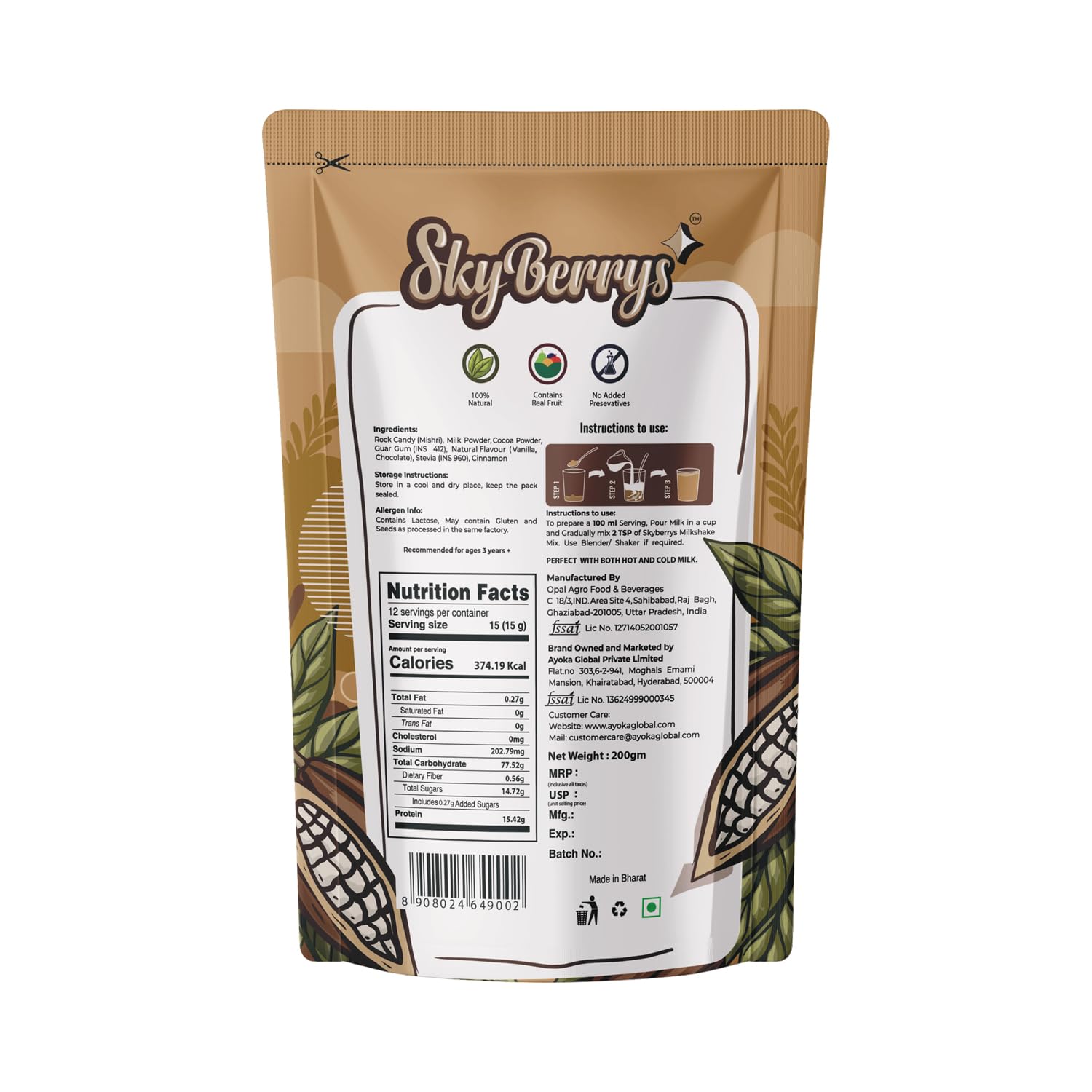 SkyBerrys Milkshake Mix Chocolate 200g |Real Cocoa & Natural
