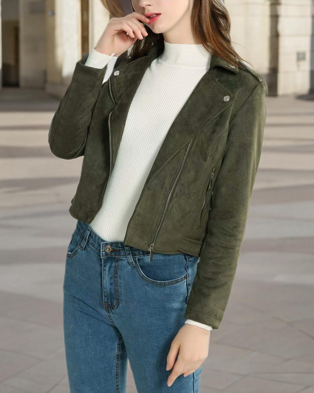 CHARTOU Women's Fall 2023 Fashion Faux Suede Leather Casual Moto Biker Jacket Coats (X-Small, Army Green) - Image 6