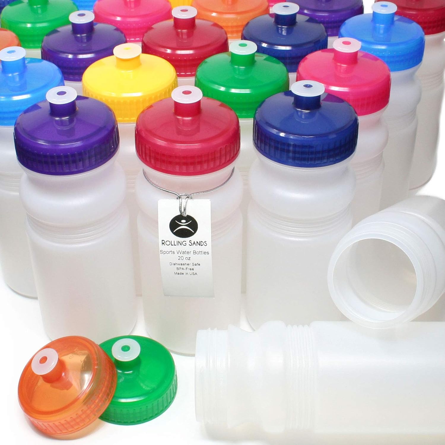 Rolling Sands 20 Ounce Sports Water Bottles 100 Pack, BPA-Free, Made in USA, Dishwasher Safe