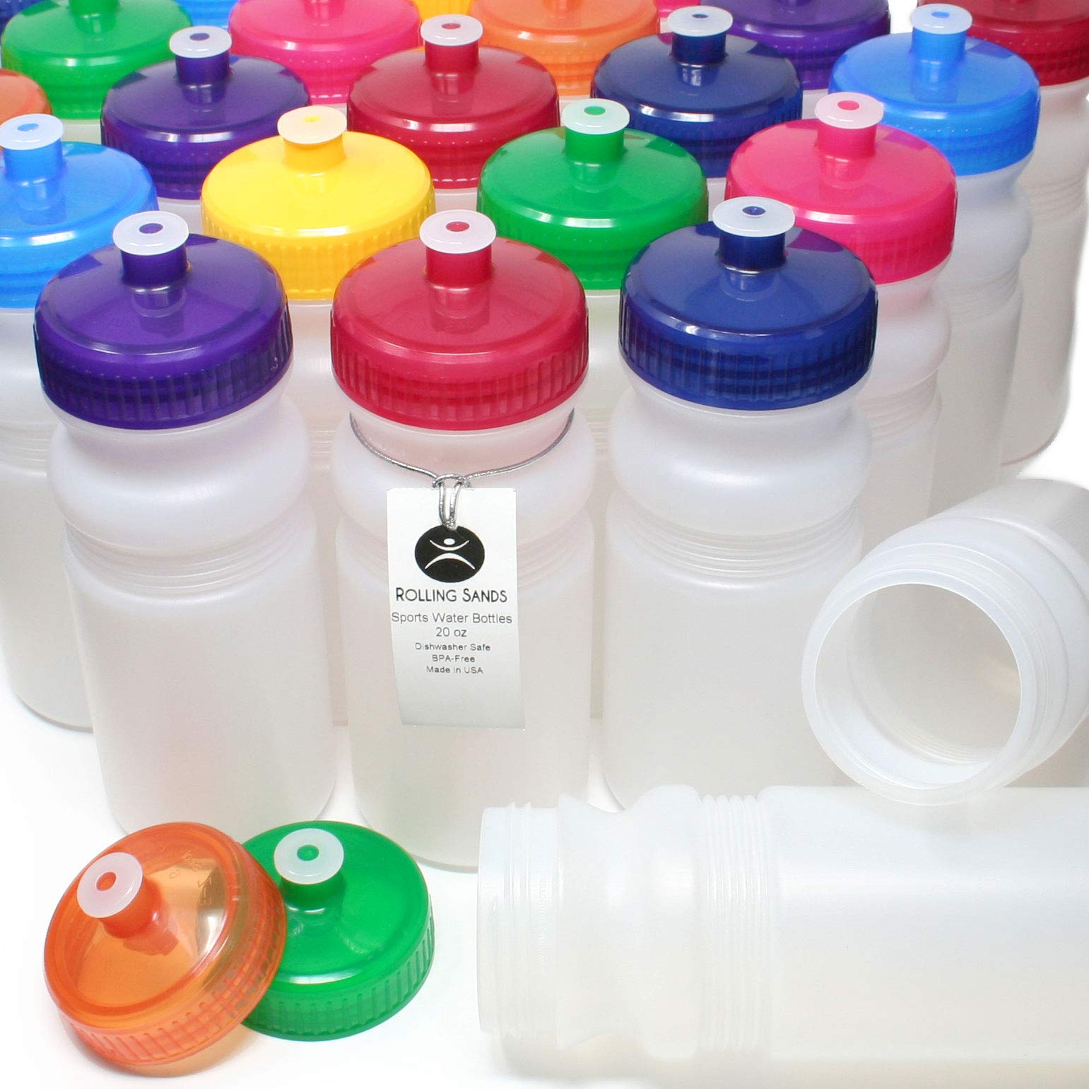 Rolling Sands Reusable Bulk Water Bottles 100 Pack - 20 Oz Sports Water Bottles USA Made BPA-Free Wide