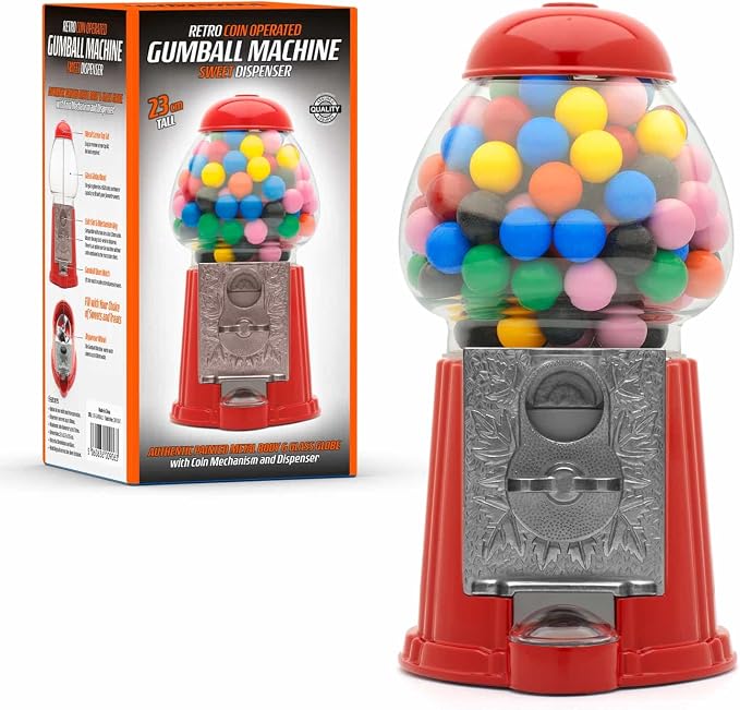 CKB LTD Dispensador de Dulces Gumball Máquina de Bolas de Chicle con Hucha y Caramelos, Chocolates, chicletera Mixtos Snacks Nueces de Almacenamiento Talla pequeña Retro – H23 cm Rojo