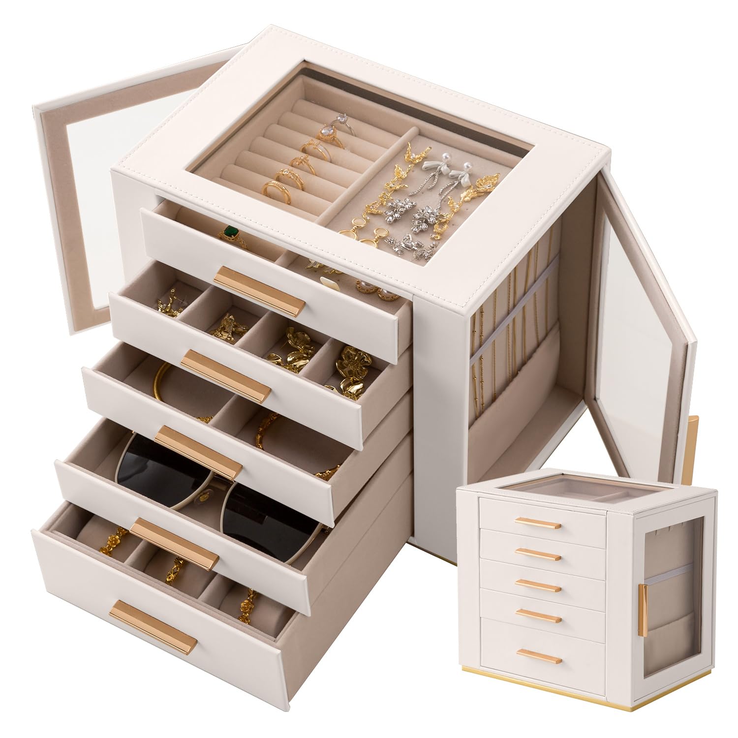 Granbest - Caja de joyería de 5 niveles con tapa de vidrio, organizador de joyas de alta capacidad con cajones y espejo, joyero de PU para collares, pendientes, anillos, pulseras (blanco)