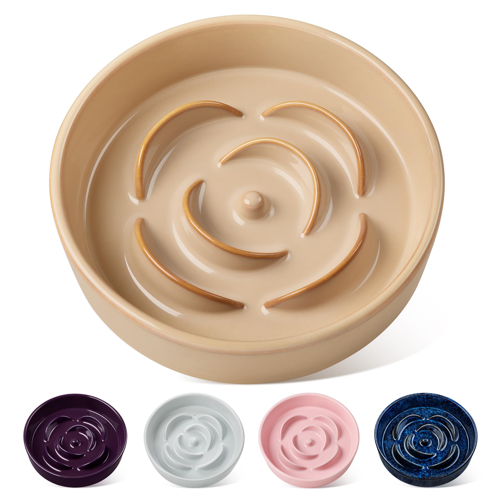 vancasso Flower Shaped Slow Feeder Dog Bowl 960ml Pet Bowl, Ceramic Puzzle Feeder for Small Dogs & Cats, Dishwasher & Microwave Safe, Ideal for Food and Water, Non-Slip & Tip-Proof; Beige; Medium