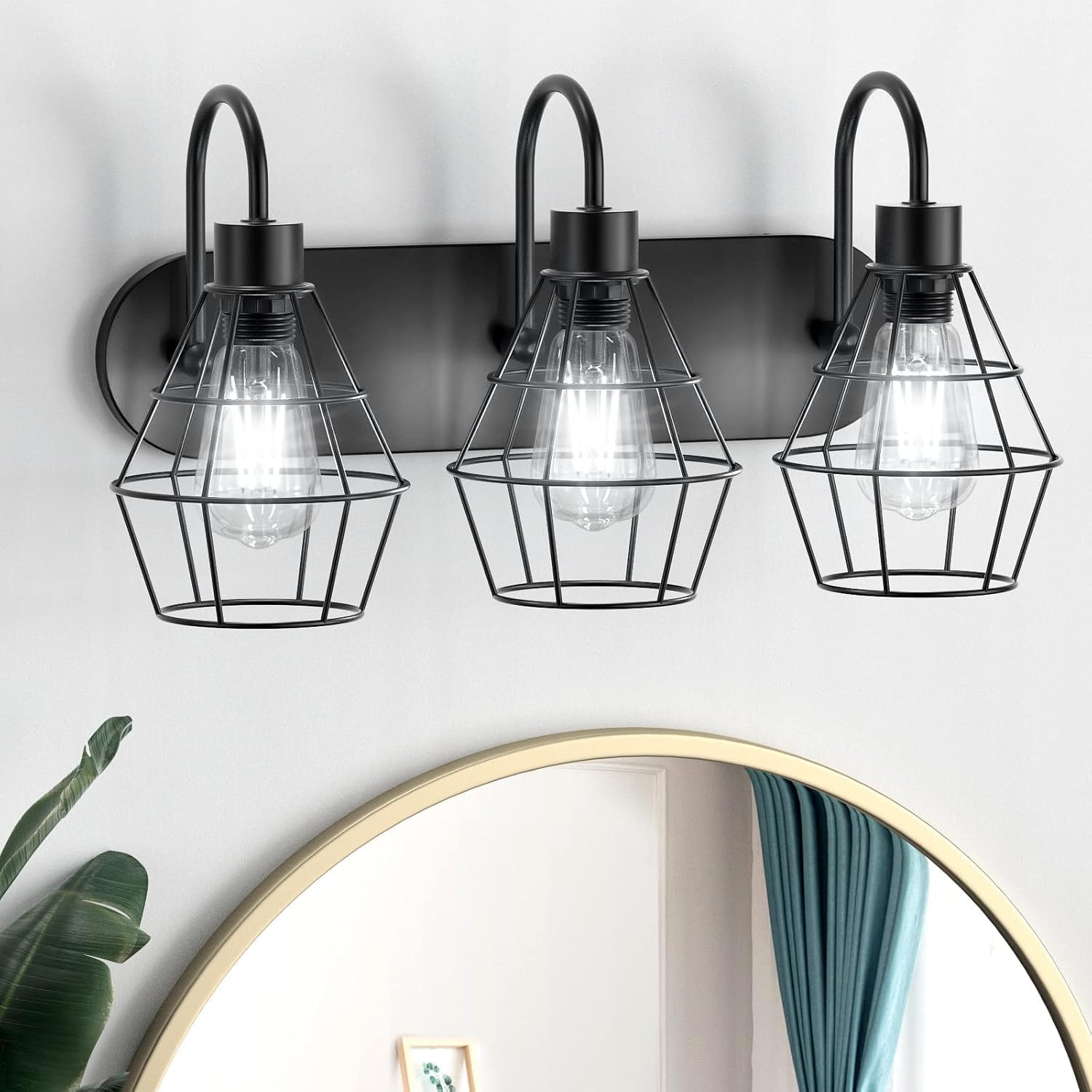Retro Style Industrial Bathroom Vanity Light 3 Lights, Vintage Matte Black Wall Sconce with Caged, E26 Base Farmhouse Wall Light Fixture for Bathroom Vanity